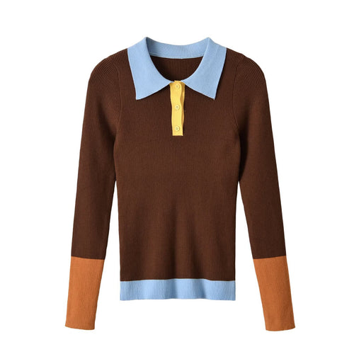 Damen Figurbetonter Rippstrick-Pullover mit Polokragen, Knopfleiste und Colorblock-Details Drune