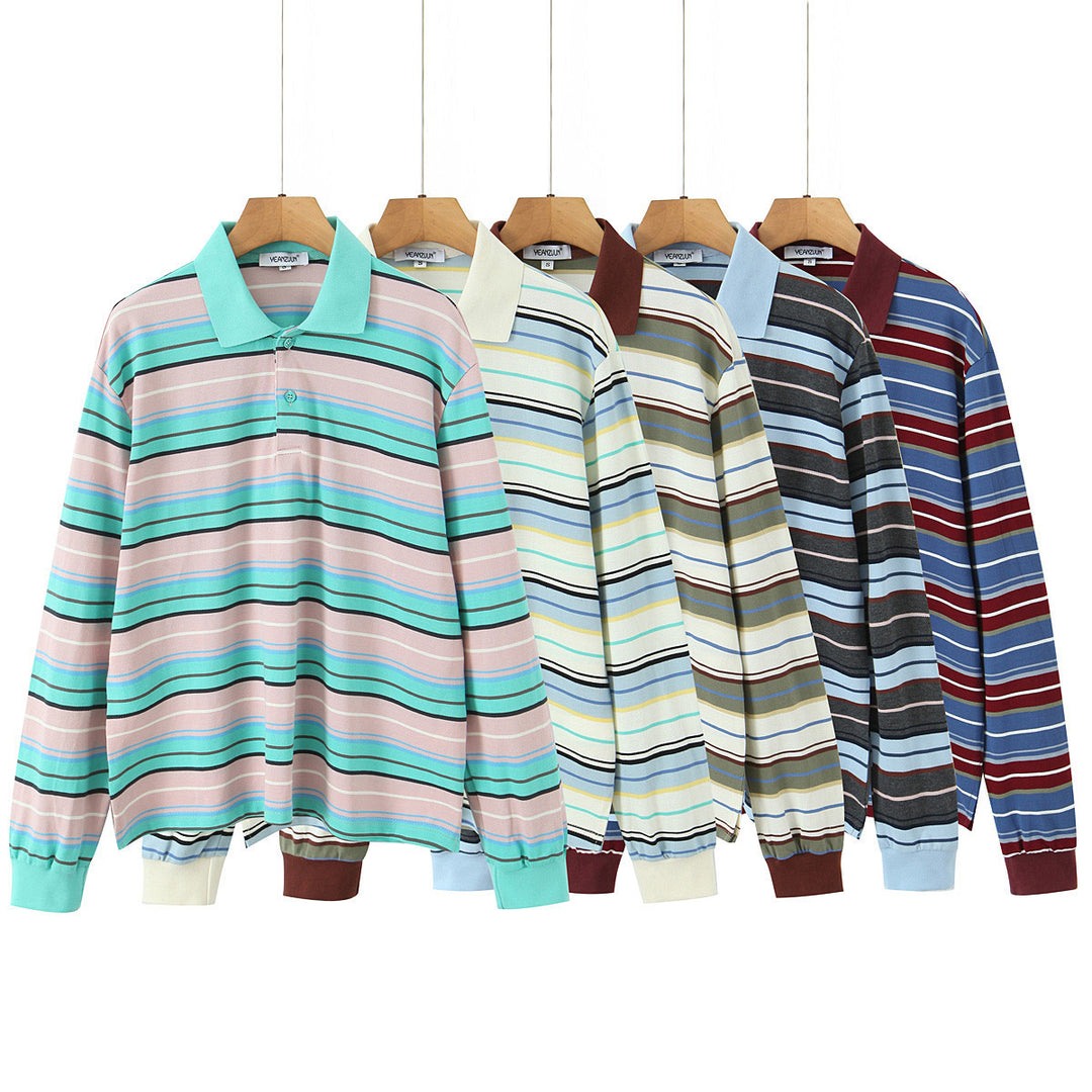 Herren Langarm-Poloshirt im Retro Streifenlook mit Kontrastkragen Drune