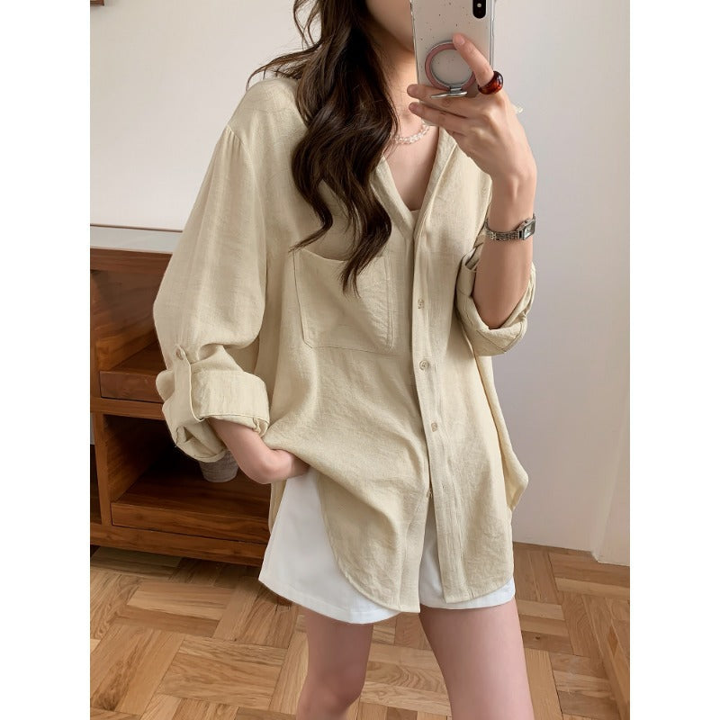 Damen Lässiges Leinenoptik-Longshirt mit Oversize-Schnitt und Brusttasche Drune