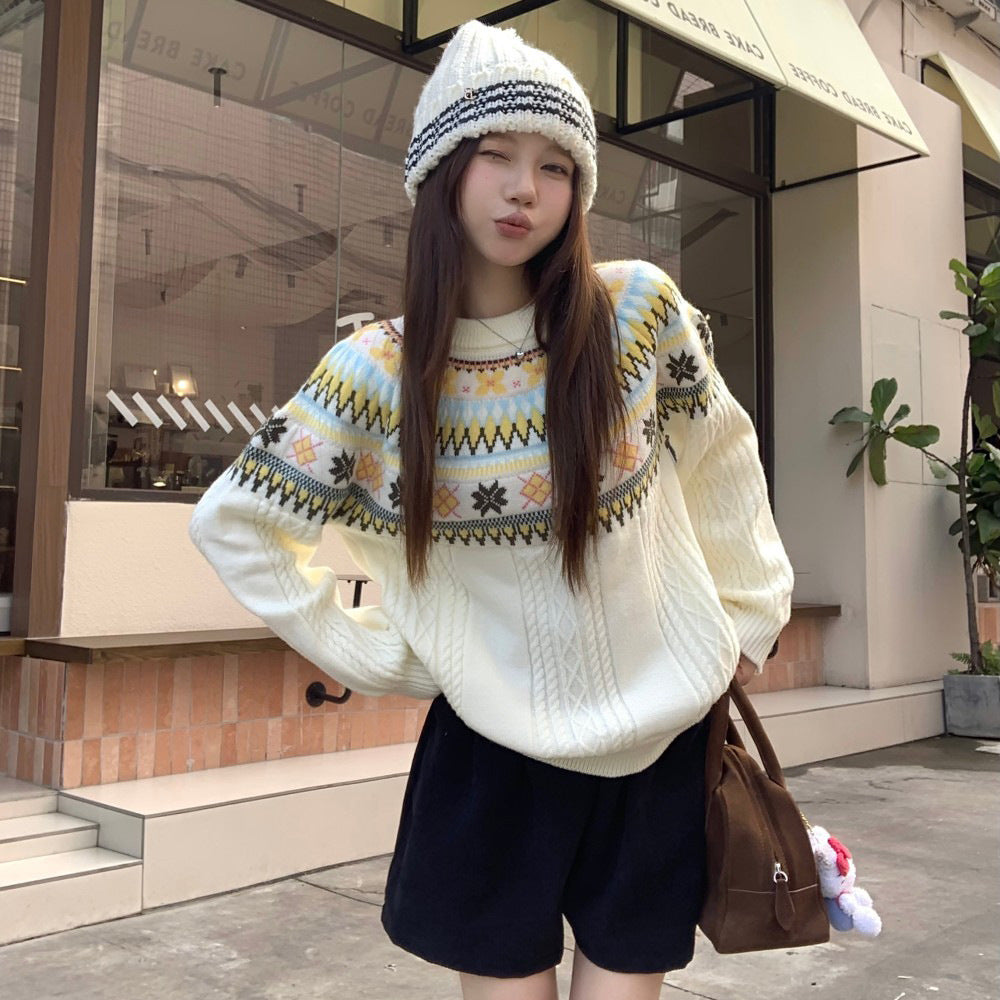Damen Modischer Grobstrickpullover mit Norweger-Muster Drune