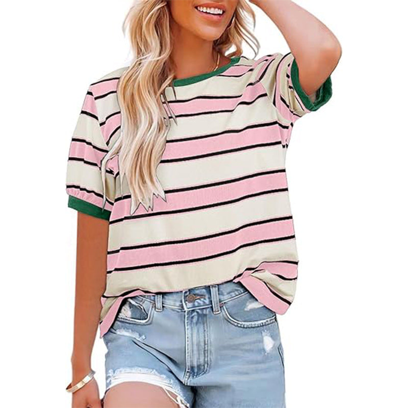Damen lässiges Streifen T-Shirt mit Kurzarm und Rundhalsausschnitt Drune