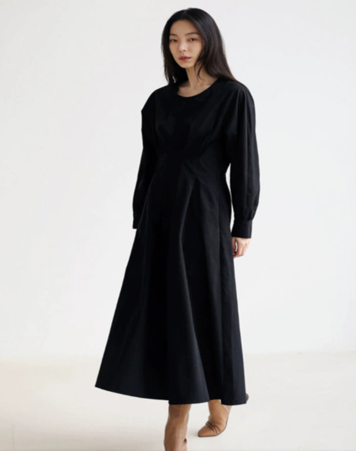 Damen Maxikleid mit Taillenabnähern, Rundhalsausschnitt und voluminösen Manschetten Drune