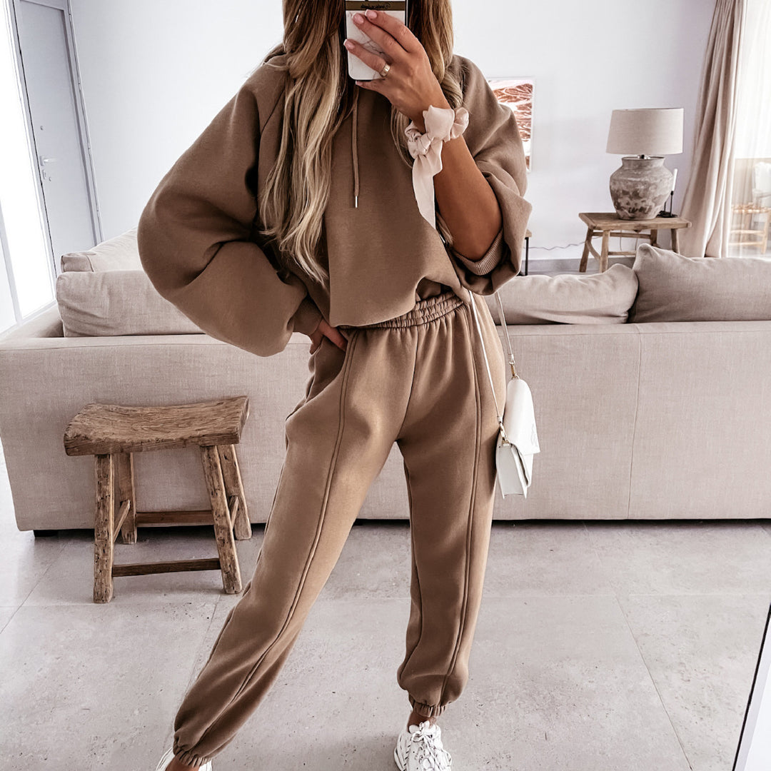 Damen kuscheliges Lounge-Zweiteiler-Set mit oversized Kapuzenpullover, Balloon-Ärmeln und taillierter Jogginghose Drune