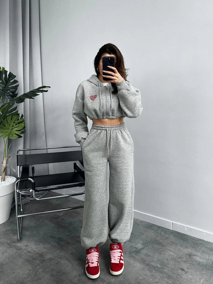 Damen Cropped Kapuzenpullover und hohe Taille Wide-Leg Jogginghose Set Drune