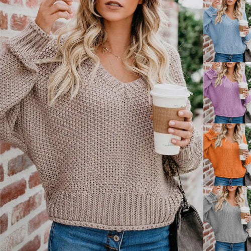 Damen Oversize Grobstrickpullover mit V-Ausschnitt und Rippsaum Drune