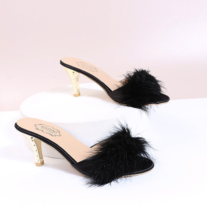 Damen schicke Pantoletten mit glamourösem Federdesign und elegantem Absatz Drune