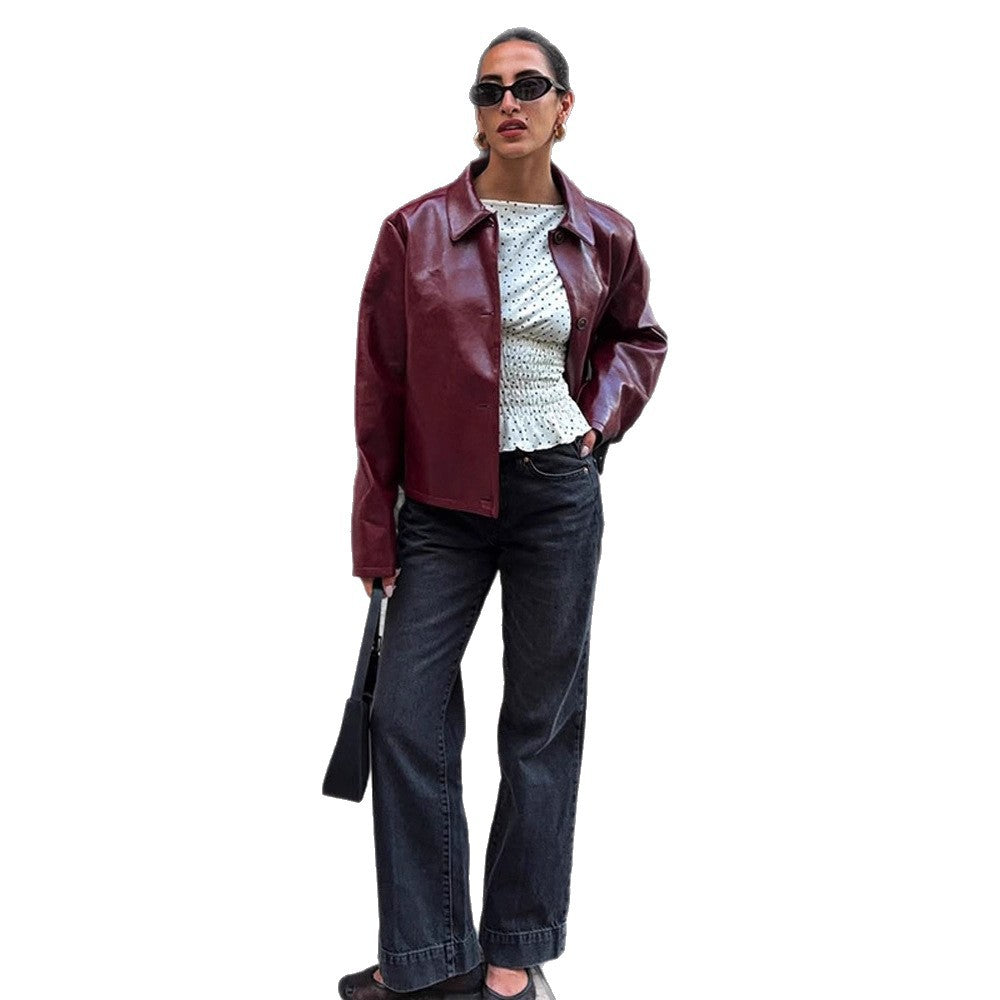 Damen Boxy-Kunstlederjacke mit Hemdkragen und geradem Cropped-Schnitt Drune