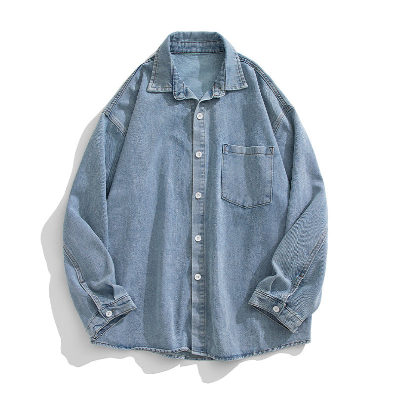 Unisex Locker geschnittenes Denim-Hemd mit Brusttasche und abgerundetem Saum Drune
