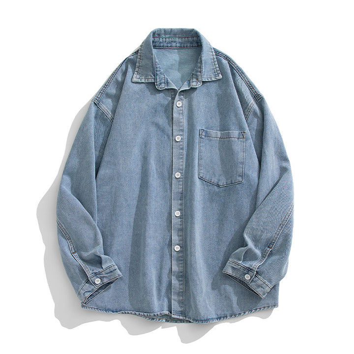 Unisex Locker geschnittenes Denim-Hemd mit Brusttasche und abgerundetem Saum Drune