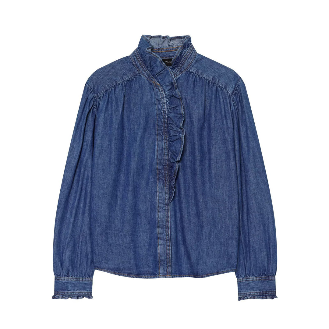 Damen Weiche Denim-Tunika mit Rüschenblende, Stehkragen und Ballonärmeln Drune