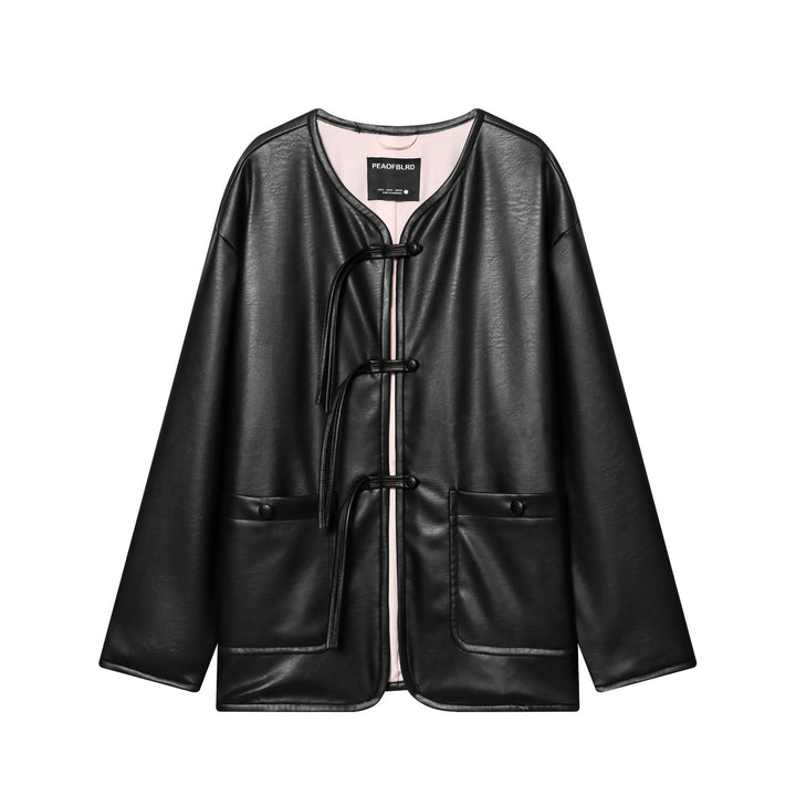 Damen nan Oversized Kunstlederjacke mit Knebelverschlüssen und aufgesetzten Pattentaschen Drune