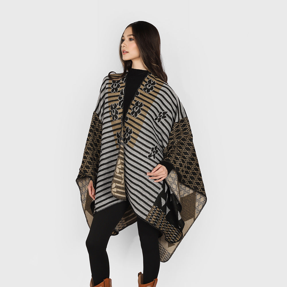 Damen Vielseitiger Strickponcho im Patchwork-Jacquard mit V-Ausschnitt und asymmetrischem Zipfelsaum Drune