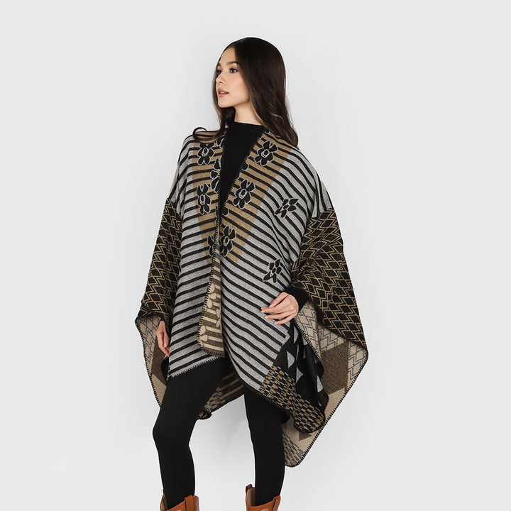 Damen Vielseitiger Strickponcho im Patchwork-Jacquard mit V-Ausschnitt und asymmetrischem Zipfelsaum Drune