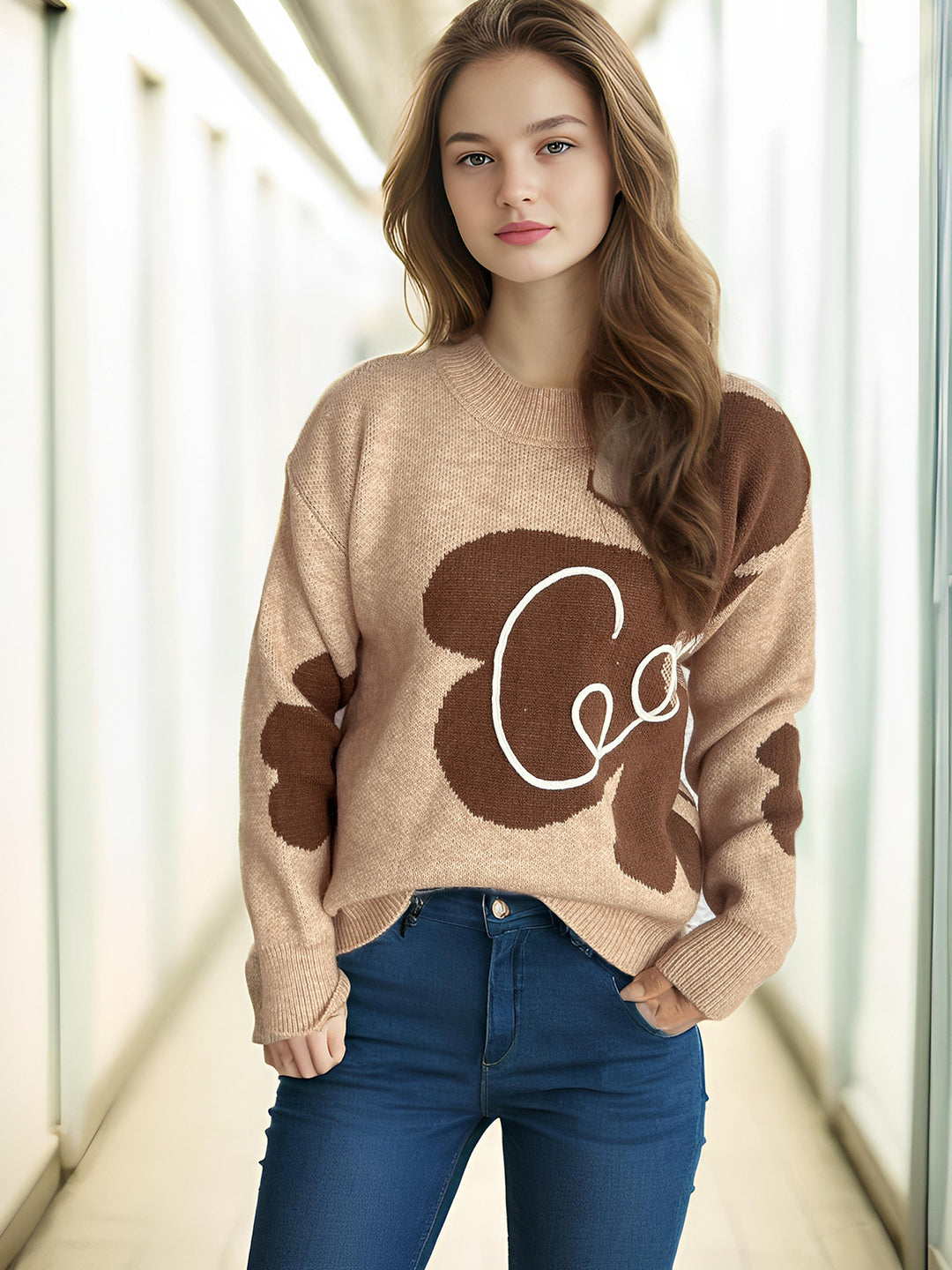 Damen modischer Strickpullover mit dezentem floralem Design und weichem Stoff Drune