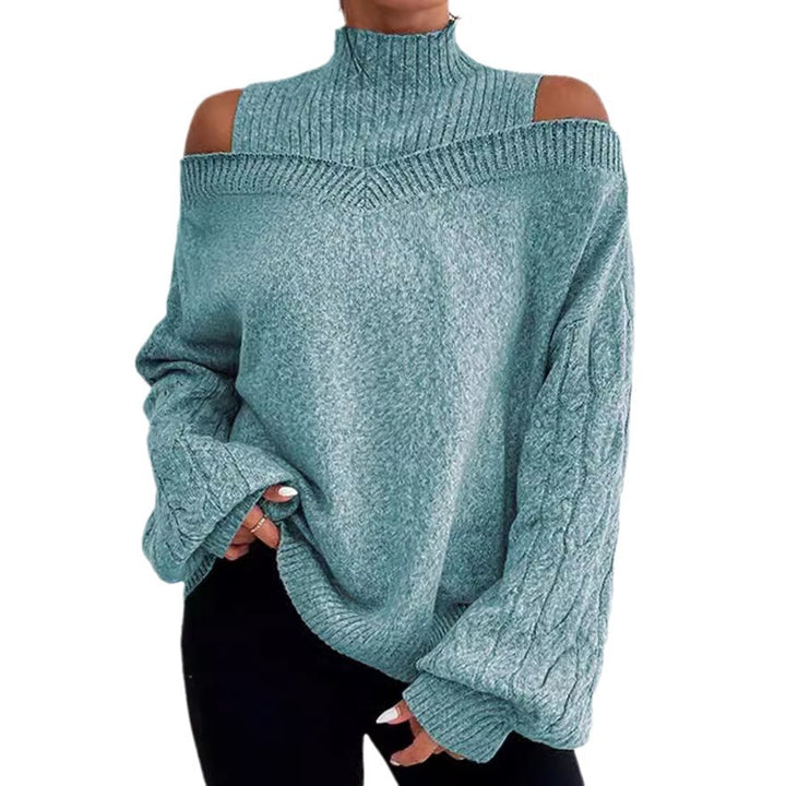 Damen nan schulterfreier Strickpullover mit Stehkragen und Zopfmusterärmeln Drune