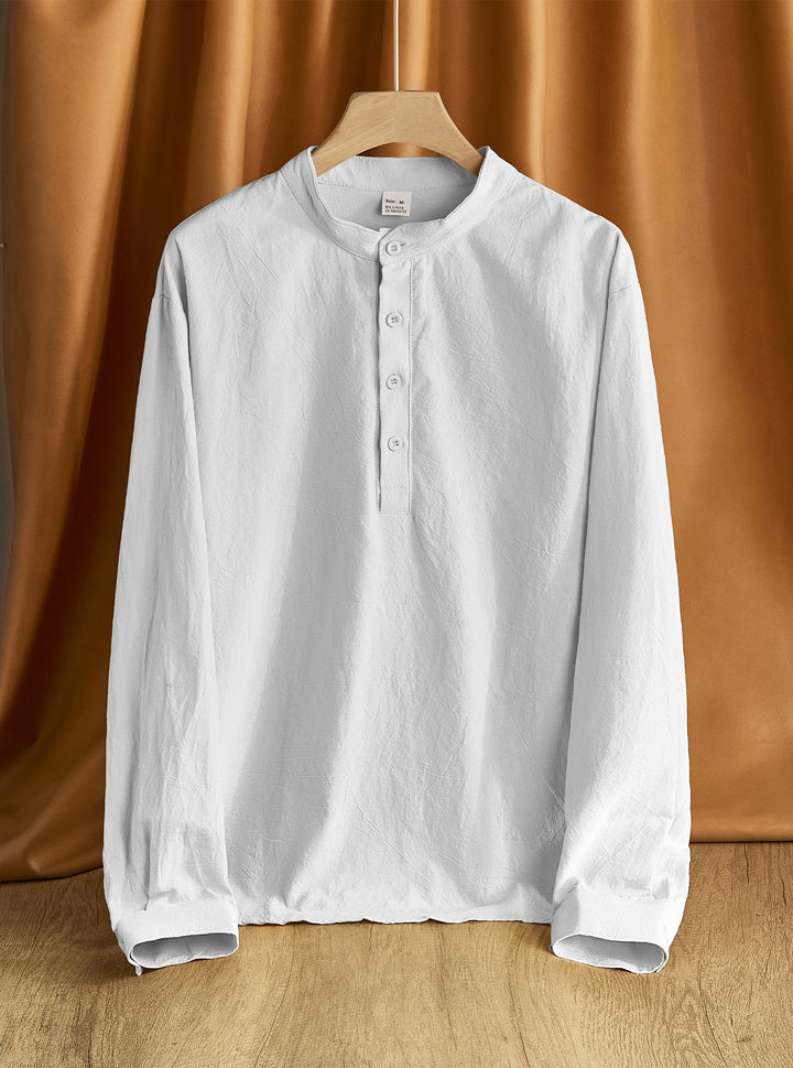 Herren Leinen-Mix Langarmshirt Henley mit Stehkragen Drune