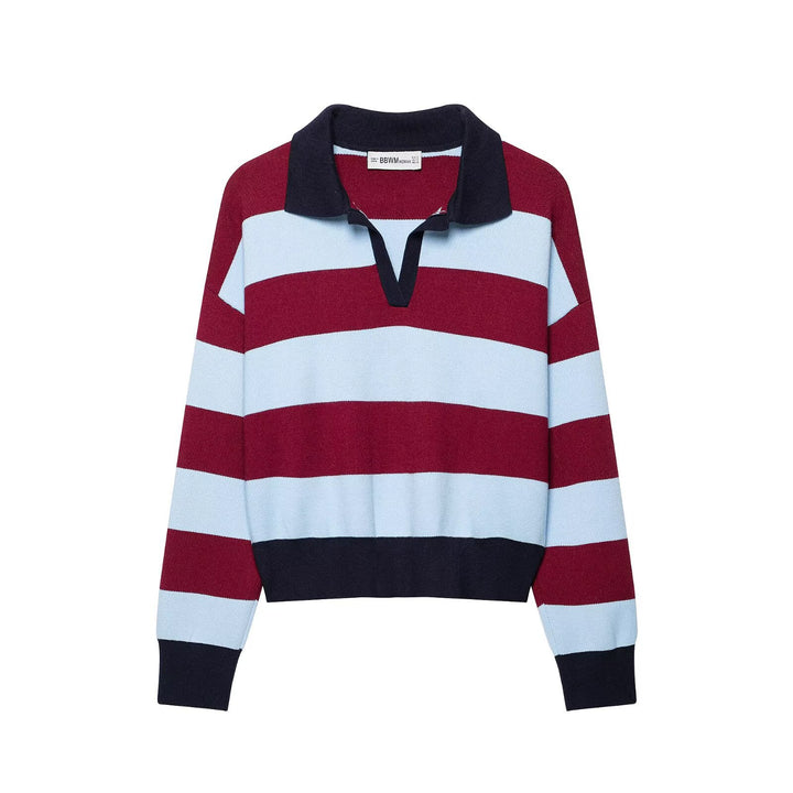 Damen Gestreifter Rugby-Pullover mit Polokragen und V-Ausschnitt Drune
