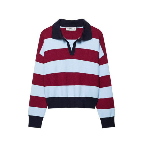 Damen Gestreifter Rugby-Pullover mit Polokragen und V-Ausschnitt Drune