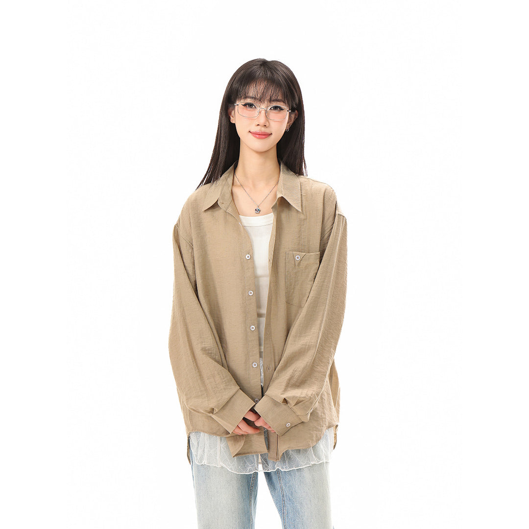 Damen Locker geschnittene Oversize-Hemdbluse mit Brusttasche und strukturierter Baumwollmischung Drune