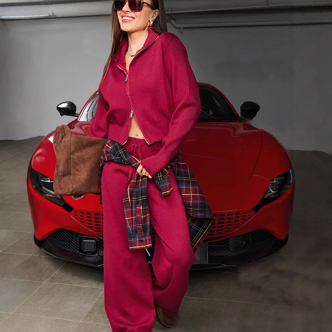 Damen nan gestricktes Loungewear-Zweiteiler mit kurzem Reißverschluss-Cardigan und weitem Highwaist-Hosenbein Drune