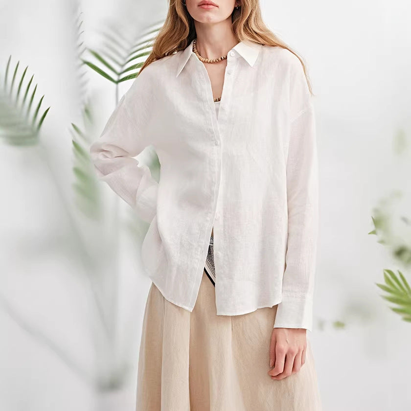 Damen Modische Leinenbluse mit langen Ärmeln Drune