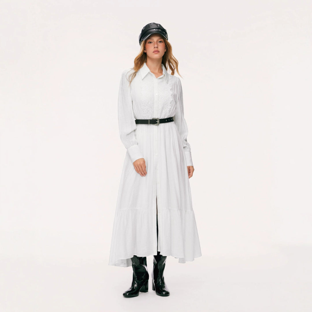 Damen Langes Hemdblusenkleid mit Spitzenbesatz, Taillierung und Stufenrock Drune