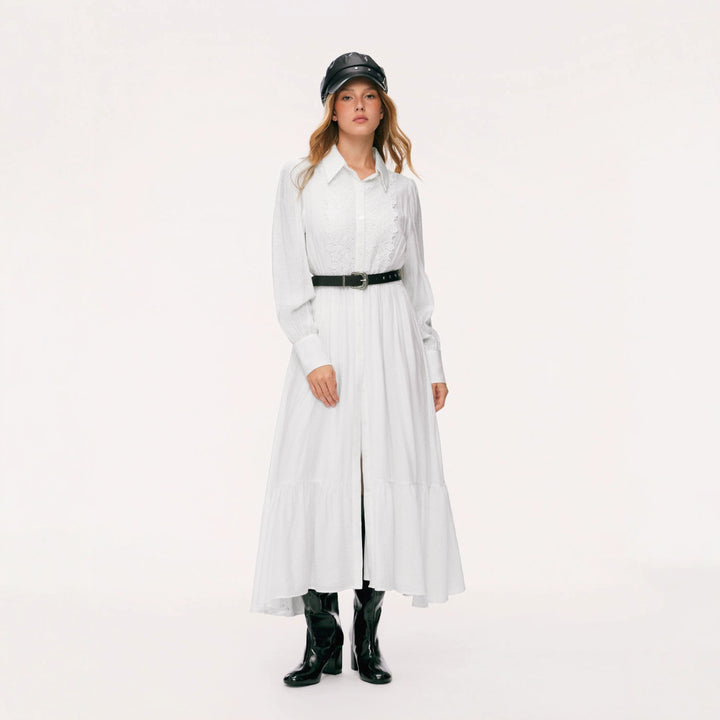 Damen Langes Hemdblusenkleid mit Spitzenbesatz, Taillierung und Stufenrock Drune