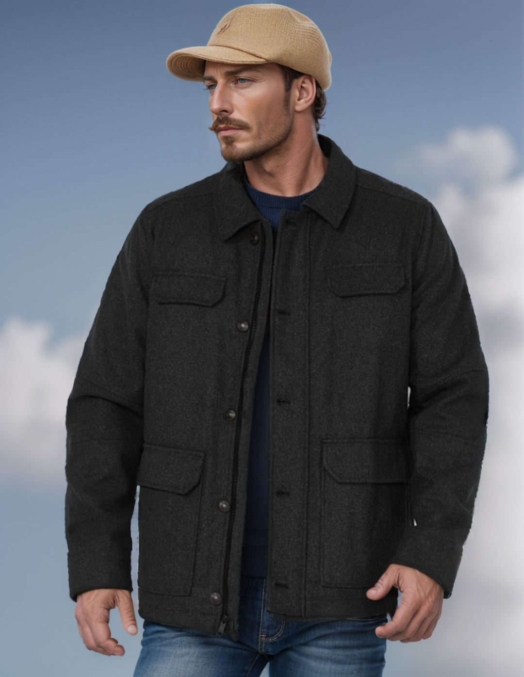 Herren Woll-Fieldjacke mit vier Pattentaschen und Hemdkragen Drune