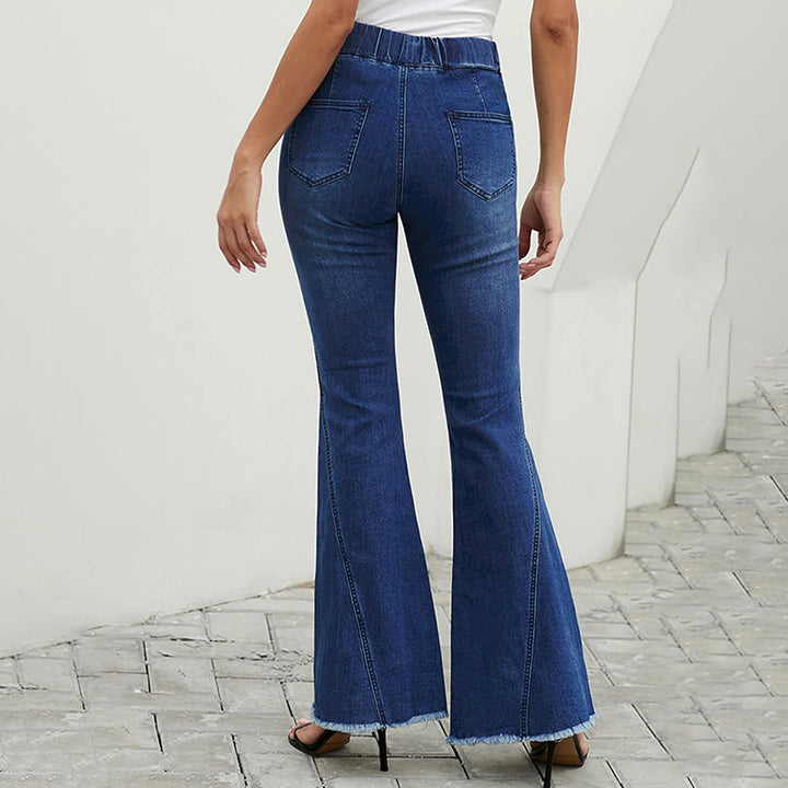 Damen hochtaillierte ausgestellte Denim-Hose mit elastischem Tunnelzugbund, Ziernähten und rohem Saum Drune