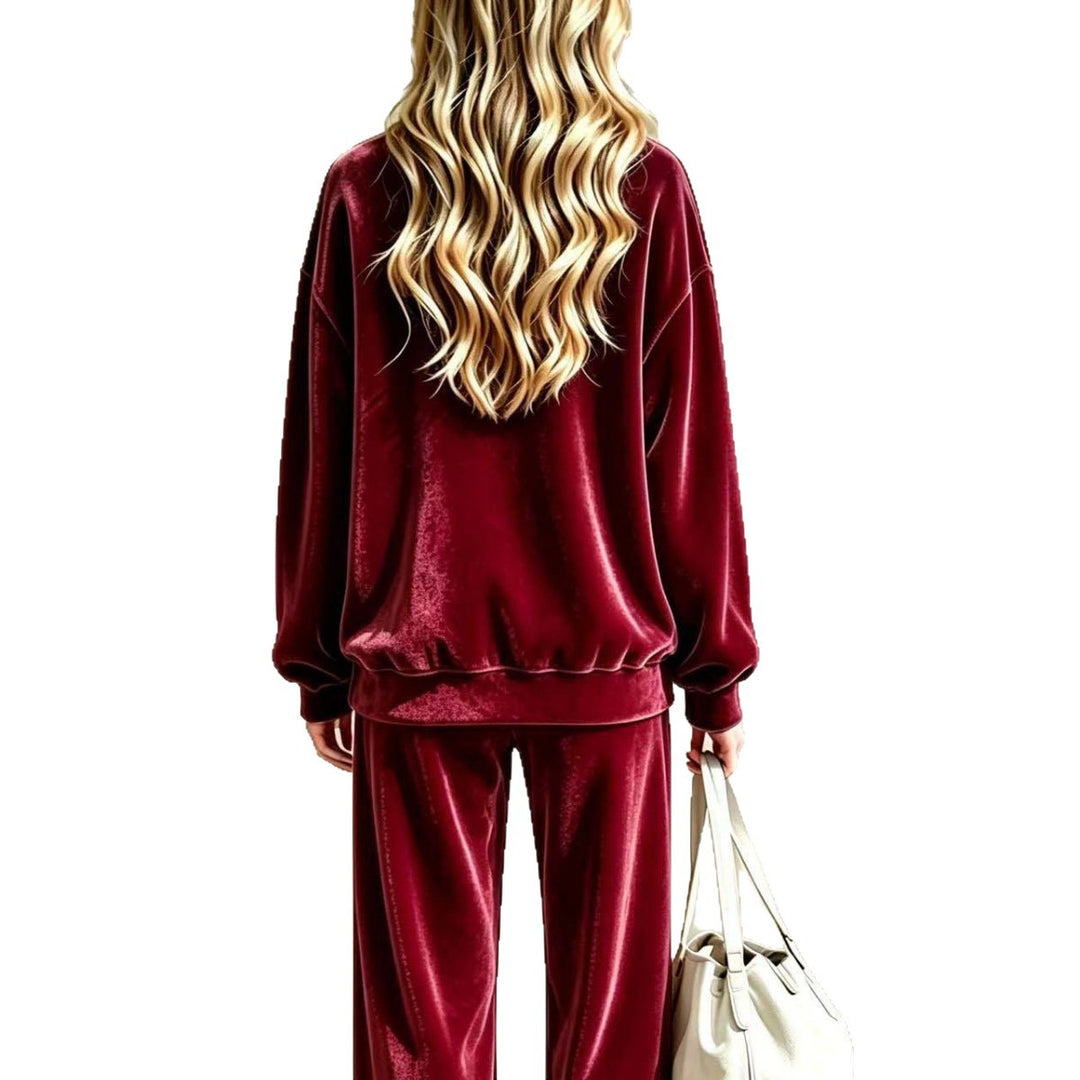 Damen Weiches Velours-Loungewear-Set mit weitem Bein und Rundhalsausschnitt Drune