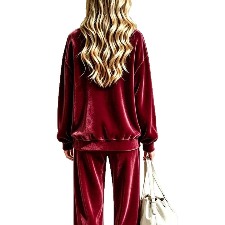Damen Weiches Velours-Loungewear-Set mit weitem Bein und Rundhalsausschnitt Drune