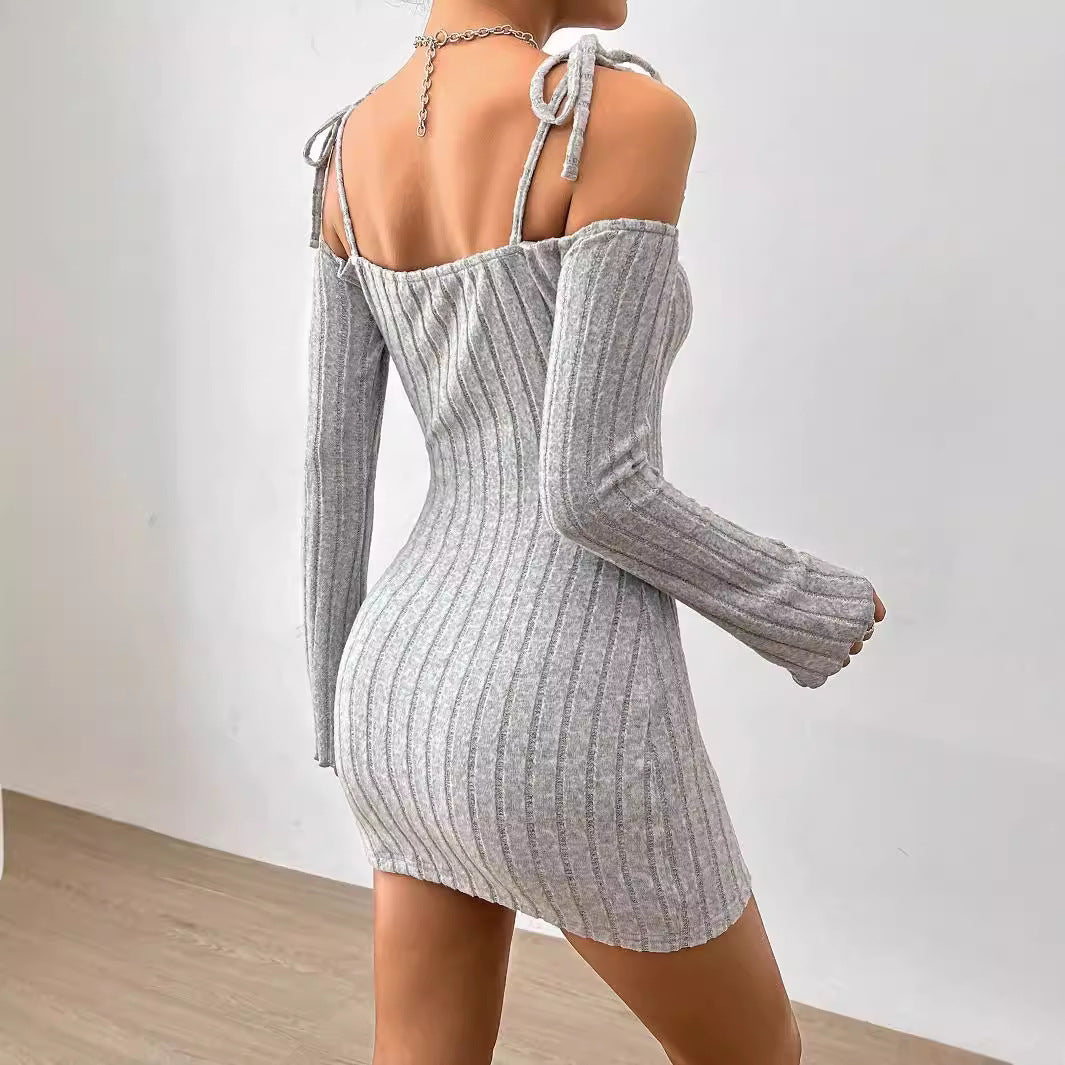 Damen geripptes One-Shoulder-Strickminikleid mit Bindeträgern taillierter Bodycon-Passform Drune