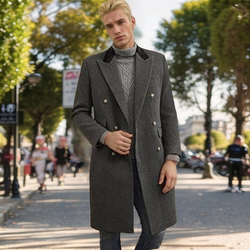 Herren moderner Urban-Mantel mit doppelter Knopfleiste und Samtkragen Drune