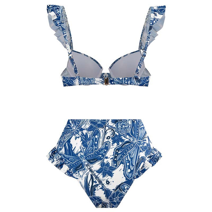 Damen Bikini-Set mit rüschenverziertem Oberteil und hoch taillierter Hose Drune