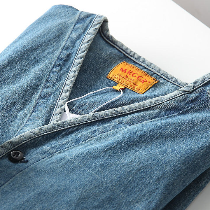 Herren Leichtes Jeans-Sakko im Overshirt-Stil mit V‑Ausschnitt und aufgesetzten Taschen Drune