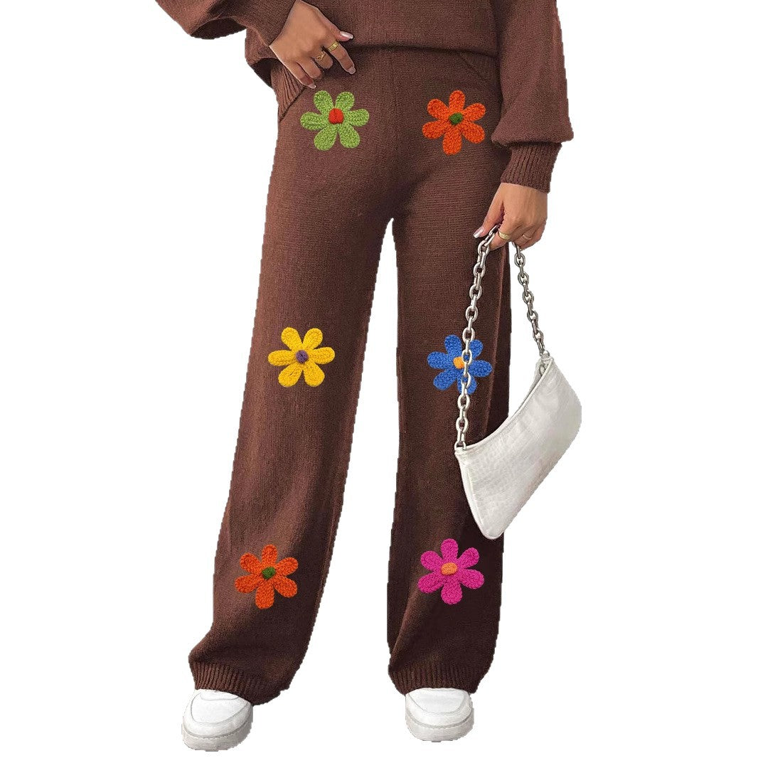 Damen lässige Strickhose mit bunten Blumenapplikationen Drune