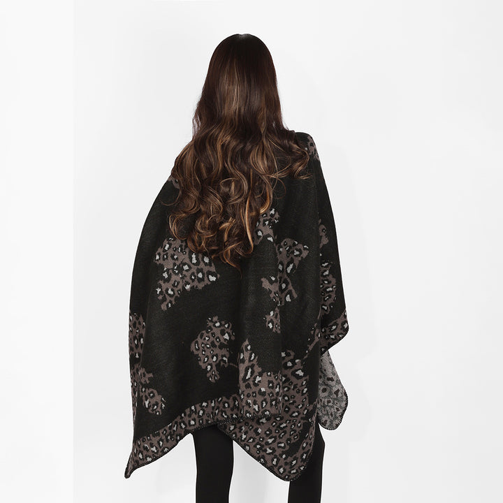Damen Wolloptik-Überwurf mit gewebtem Leopard-Jacquard und offenem Zipfelrand Drune