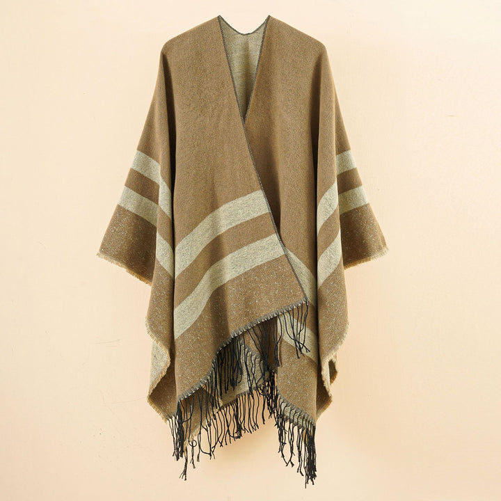Damen Oversize-Ruana aus Wollmix mit kontrastierten Querstreifen und Fransensaum Drune