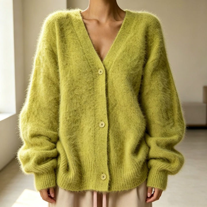 Damen Flauschiger Oversize-Knopfcardigan mit tiefem V-Ausschnitt und Eingrifftaschen Drune