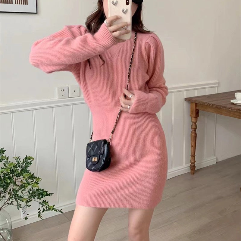Damen elegantes Strickkleid mit figurbetonter Silhouette und Puffärmeln Drune