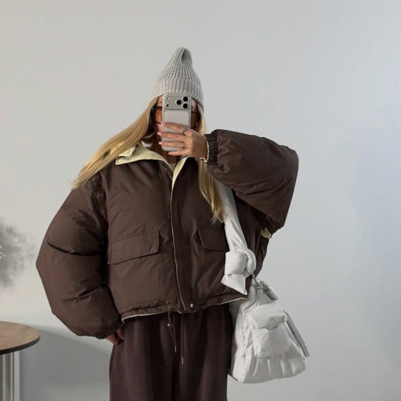 Damen Kurze Oversize Steppjacke mit hohem Kragen und wattierter Fütterung Drune
