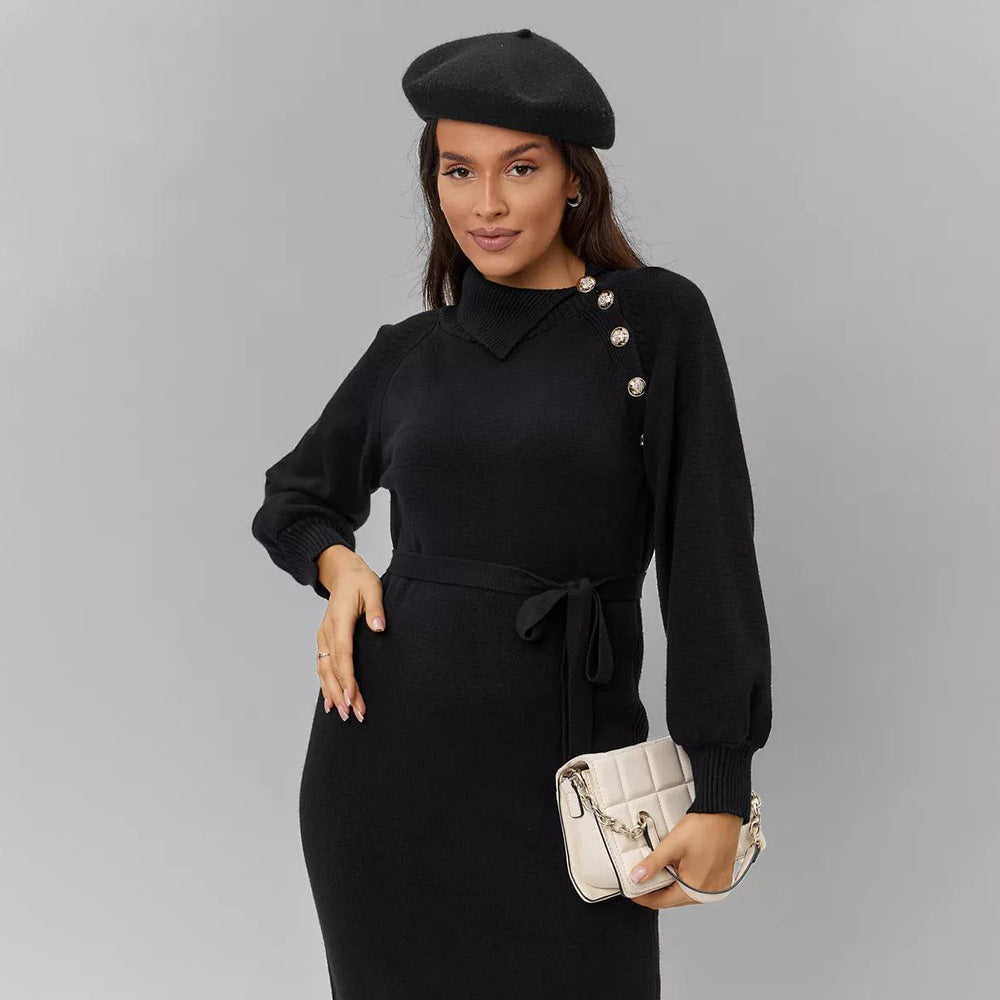 Damen Strickkleid mit Gürtel und Knopfdetails Drune