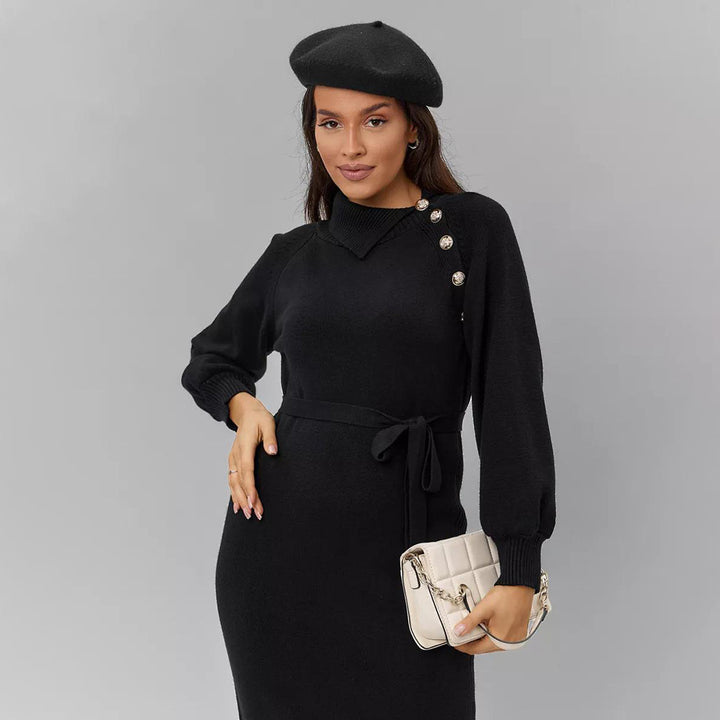 Damen Strickkleid mit Gürtel und Knopfdetails Drune