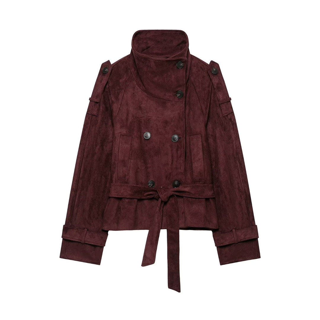 Damen Kurze Trenchjacke aus Veloursoptik mit hohem Stehkragen und Bindegürtel Drune