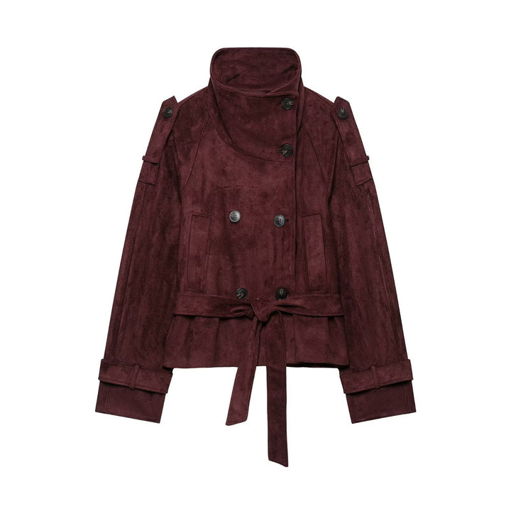 Damen Kurze Trenchjacke aus Veloursoptik mit hohem Stehkragen und Bindegürtel Drune