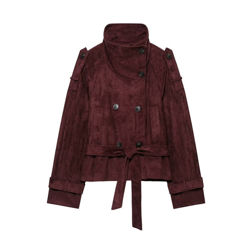 Damen Kurze Trenchjacke aus Veloursoptik mit hohem Stehkragen und Bindegürtel Drune
