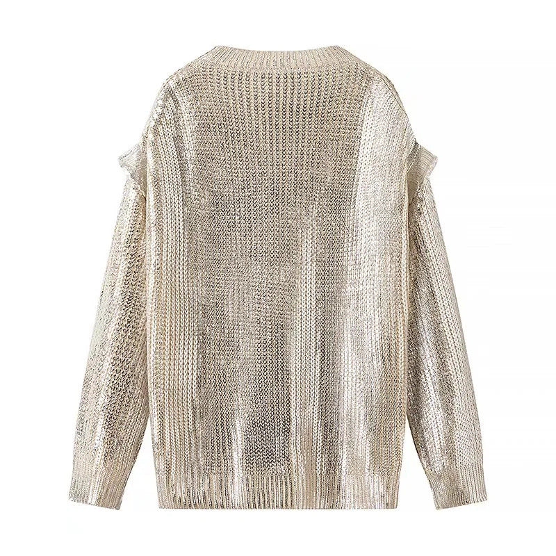 Damen Glänzender Oversize-Strickpullover mit Schulter-Cutouts Drune