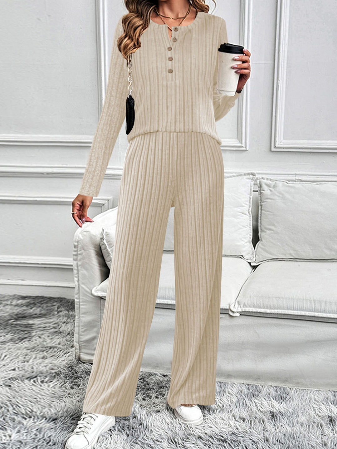 Damen Geripptes Lounge-Zweiteiler mit Henley-Top und weiter Palazzohose Drune