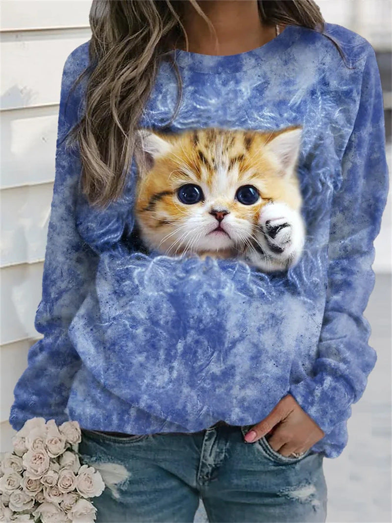 Damen Gemütlicher Übergroßer Fleece-Pullover mit Großem Welpenfoto-Print Drune