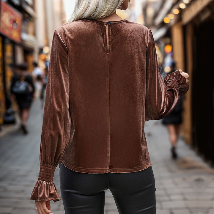 Damen Elegante Samtbluse mit Spitzen-Ausschnitt, Smokmanschetten und lockerer Passform Drune